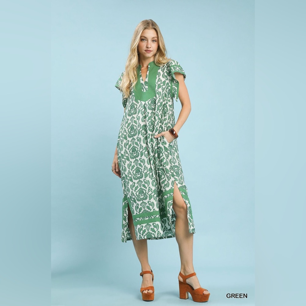 💚 Umgee Abstract Two Tone Print Midi Dress Boho Flutter Sleeve Pockets NWT 💚